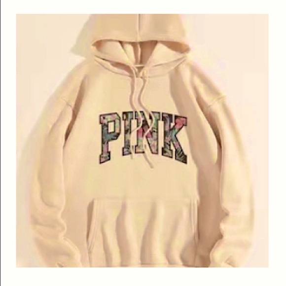NWT 🌺 KHAKI TAN “PINK” OVERSIZED FLORAL LETTERED HOODED SWEATSHIRT Sz Women’s L - Picture 3 of 7